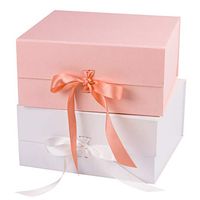 WRAPAHOLIC 2Pcs White and Coral Gift Box with Satin Ribbon, 8x8x4 Inches Collapsible Gift Box with Magnetic Closure for Party, Wedding, Gift Wrap, Bridesmaid Proposal, Storage