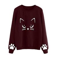 Xia&Han Women's Round Neck Sweatshirt Cat Print Long Sleeve Tops Tunic O Neck Shirts Loose Blouse Sweater Red