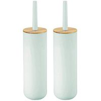 mDesign Compact Freestanding Plastic Toilet Bowl Brush and Holder for Bathroom Storage - Plastic and Bamboo - Sturdy, Deep Cleaning - 2 Pack - Mint/Natural Wood Finish