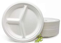100% Compostable Heavyweight 10 inch 3 compartment plates (50ct), White, Made from Sugar Cane Bagasse, Mr. Green Guys Compostable Plates