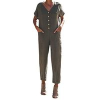refulgence Cotton and Linen Jumpsuit Casual Button Down Short Sleeve Solid Jumpsuit Romper with Pockets(Army Green,M)