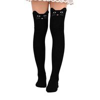 Women's Cat Socks Cartoon Animal Pattern Legging Thigh Pantyhose Stockings Over Knee High Long Socks (Black)