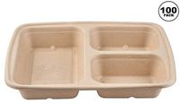 [100 Pack] 36oz 3 Compartment Compostable Food Storage Container - Biodegradable, Sugarcane, Plant Fiber, Heavy Duty, Microwavable, Tree Free, Ecofriendly, Lunch Trays, Meal Prep, Bento (36 Ounce)