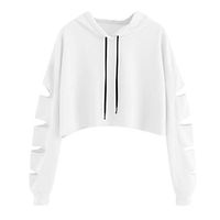 HNTDG Womens Casual Cropped Cut Out Long Sleeve Sweatshirt Jumper Pullover Solid Color Blouse White