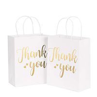 LaRibbons Medium Size Gift Bags - Gold Foil Thank You White Paper Bags with Handles for Wedding, Birthday, Baby Shower, Party Favors - 25 Pack - 8" x 4" x 10"