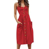 Womens Summer Boho Floral Dress V-Neck Backless Sleeveless Spaghetti Strap Button Down Midi Dress with Pockets (Red, S)