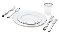 " OCCASIONS" 280 pcs/40 Guest-Full Tableware Set-Wedding Disposable Plastic Plates, Silverware, Silver Rimmed Tumblers (Combo A, White & Silver Rim)