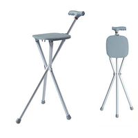 ZWH-Walking Cane Seat Cane - Folding Height Adjustable Aluminum Seat with Small 3 Leg Base Seat (Grey)
