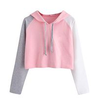 Meikosks Ladies Color Block Sweatshirts Hooded Pullover Long Sleeve Hoodies Short Sports Tops Pink