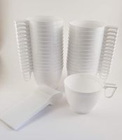 Set of 30 Plastic White Coffee/Tea Mugs Cups and 30 Plastic Spoons for Party Supplies. For Disposable Use