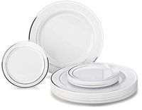" OCCASIONS" 50 Plates Pack, Heavyweight Premium Disposable Plastic Plates Set (25 x 10.5'' Dinner + 25 x 6.25'' Cake plates) (White & Silver Rim)