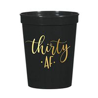 Thirty AF Cups for a 30th Birthday Party, Set of 10 Black and Metallic Gold Plastic Cups, 30th Birthday Party Partyware, Cute Script Cups