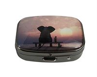 XUTAI Custom Personalized Square Stainless Steel Gun Silver Glass Travel Pill Case Vitamin Decoration Box (Elephant and Dog sit on a Summer Beach)