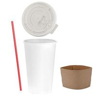 (50 Sets) 16 oz Disposable Coffee Cups with Flat Lids and Sleeves Combo, FREE BONUS - Stirrers, White Paper Hot Cups with Lids by Tezzorio