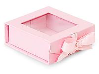 Folding Presentation Boxes - Bulk 4x4x1-5/8" Pretty Pink Folding Box Ribbon Closures and Window Lid - (24 Per Pack) - WRAPS-FBB4PP