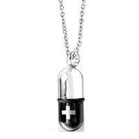 Stainless Steel Pill Capsule Cross Necklace Tube Urn Keepsake Cremation Ashes Memorial Pendant 22 Inch, Silver Black (Black)