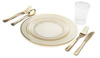 "OCCASIONS" 280 piece- 40 guest - Full set - Wedding Disposable Plastic Plates, plastic silverware, clear tumblers (Ivory and Gold Rim)