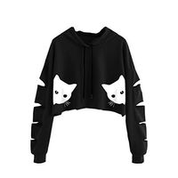 Kiminana Women's Winter Cat Print Sweater Top Hooded Sweater Drawstring Pullover Tops Sweatshirt Trendy Jersey Black