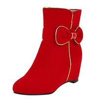 LONGDAY Womens Fold Over Round Toe Ankle Booties Hidden Medium Wedge Heel Side Zipper Faux Suede Short Boot Bow Comfy Red