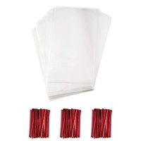 Fashewelry 100Pcs Clear Plastic Cello Treat Bags 5.9x9.84" OPP Cellophane Poly Bags with 3" Red Twist Ties for Wedding Christmas Party Candy Gift Cookies Packaging