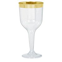 Premium Plastic Wine Glasses | Clear w/ Gold Trim | 10 oz. | 8 ct. | Party Supply