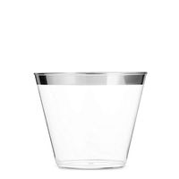 100 Silver Plastic Cups 9 Oz Clear Plastic Cups Old Fashioned Tumblers Silver Rimmed Cups Fancy Disposable Wedding Cups Elegant Party Cups with Silver Rim
