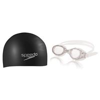 Speedo Silicone Long Hair Swim Cap, Black, One Size and Hydrospex Classic Swim Goggle, Clear
