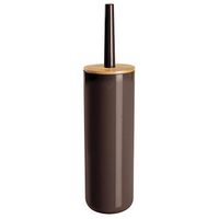 mDesign Compact Freestanding Plastic Toilet Bowl Brush and Holder for Bathroom Storage - Plastic and Bamboo - Sturdy, Deep Cleaning - Chocolate Brown/Natural Wood Finish