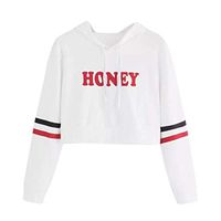 FRC0LT Womens Honey Letters Printing Long Striped Sleeve Hoodie Sweatshirt Pullover (XL, White)