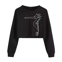 CHIDY Women's Cute Dandelion Seahorse Printed Crewneck Long Sleeve Loose Pullover Sweatshirt Crop Tops(S,A-Black)