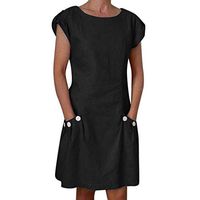 SADUORHAPPY Womens Dress Linen Pocket Buttoned Decor Zipper Back Loose Mini Casual Dress Black