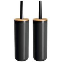mDesign Compact Freestanding Plastic Toilet Bowl Brush and Holder for Bathroom Storage - Plastic and Bamboo - Sturdy, Deep Cleaning - 2 Pack - Black/Natural Wood Finish