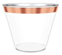 9 oz Rose Gold Rimmed Plastic Wine Glasses for Parties – 100 pack Clear Plastic Cups Match Your Rose Gold Party Decorations for Birthdays, Weddings, Bachelorette Party and Baby Shower