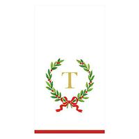 Caspari Christmas Laurel Wreath Paper Guest Towel Napkins in Letter T, 30 Napkins Included