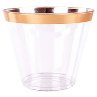 Plastic Disposable Cups 9 oz Tumblers (100 Pack) - Clear Drinkware with Rose Gold Rim Perfect for Weddings and Parties