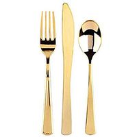 Dozenla 12 pcs Disposable Plastic Serving Utensils, Gold Plastic Silverware, 4pcs Serving Spoons, 4pcs Plastic Serving Forks, 4 pcs Plastic Knives