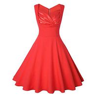 SADUORHAPPY Women's Vintage 1950s Cut Out V-Neck Sleeveless Casual Swing Dress Red