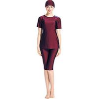 Gojendy Women Solid Color Bathing Suit for Muslim Short Sleeves T Shirt Top with Cap (M, Red)