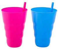 Basicwise QI003474L.2 20 OZ Reusable Plastic Cups with Straw Blue and Pink, Set of 2, Large, Multicolor