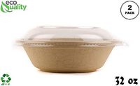 [2 Pack of 200] - EcoQuality 32oz Round Disposable Bowls with Dome Lids Natural Sugarcane Bagasse Bamboo Fibers Sturdy Compostable Eco Friendly Environmental Paper Plastic Bowl Alternative Tree Free