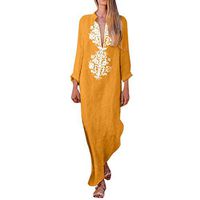 Veodhekai Women Printed Long Sleeve V-Neck Maxi Dress Split Hem Baggy Holiday Long Dress Orange