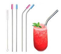 STAINLESS STEEL DRINKING STRAWS, FDA APPROVED, SET OF 4 with SILICONE TIPS, 2 STRAIGHT, 2 BENT, FREE CLEANING BRUSH