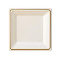 Compostable Printed Rim Plates, 7 Inch, Square Shaped, White with Gold, 144 Pack