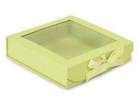 Folding Presentation Boxes - Bulk 8x8x2" Pistachio Folding Box Ribbon Closures and Window Lid - (18 Per Pack) - WRAPS-FBB8PS