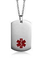 JF.MED Stainless Steel Medical Alert ID Pendant Necklace for Men & Women 20 inch,Free Engraving