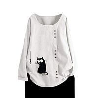 Meikosks Ladies Cotton Linen T Shirt Long Sleeve Blouses Baggy Cat Print Tops Plus Size Tunic White