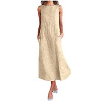 iLUGU Striped Dresses with Pockets for Women Sleeveless Long Dresses Solid Color Linen Dresses