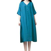 Vintage Casual T Shirt Dress for Women V-Neck Half Sleeve Loose Long Dress Blue