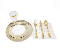 160 Piece Gold Plastic Disposable Plates and Plastic Silverware Set