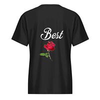 SADUORHAPPY Women Tops Best Friend Letters Rose Printed T Shirts Short Sleeve Round Neck Causal Blouses Tops